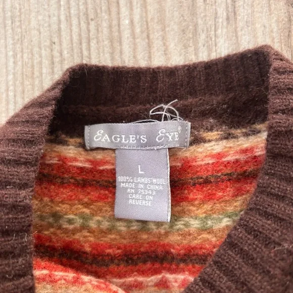Vintage 100% Lambs Wool Eagles Eye Brown Patterned Cardigan Sweater Small - Picture 2 of 8